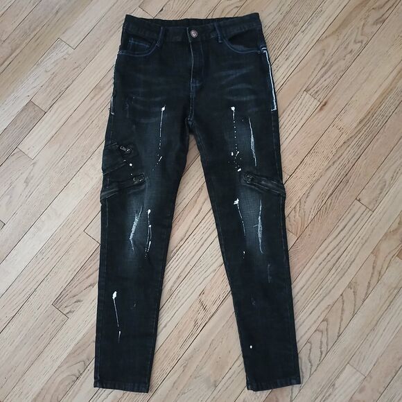 Men's Black Stretch Denim Jeans Zip Pockets Painted Drip Splash Hip Hop 30Wx28L - Picture 1 of 7